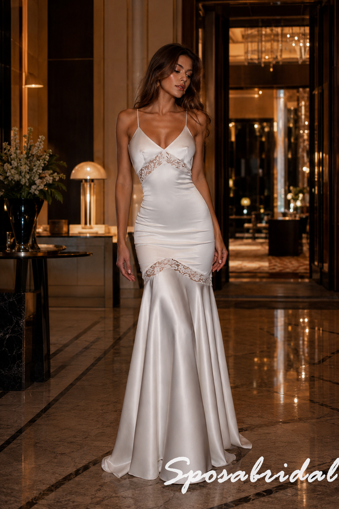 Ivory Satin Maxi Dress With Lace Cutouts V-Neck Spaghetti Strap Formal Gown, PD4260