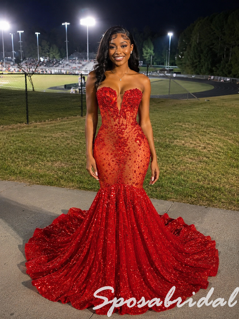 Sparkly Red Strapless Sheer Sequin Beaded Mermaid Prom Dress With Train, PD4263