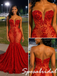 Sparkly Red Strapless Sheer Sequin Beaded Mermaid Prom Dress With Train, PD4263