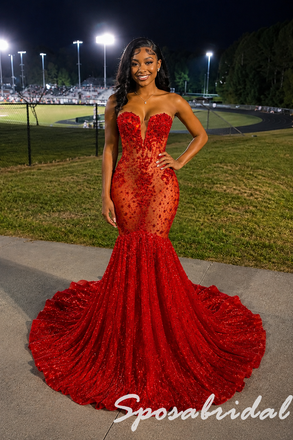 Sparkly Red Strapless Sheer Sequin Beaded Mermaid Prom Dress With Train, PD4263