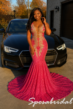 Hot Pink Sleeveless Deep V Low Back Beaded Mermaid Pageant Evening Dress, PD4265