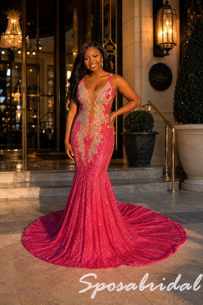 Hot Pink Sleeveless Deep V Low Back Beaded Mermaid Pageant Evening Dress, PD4265