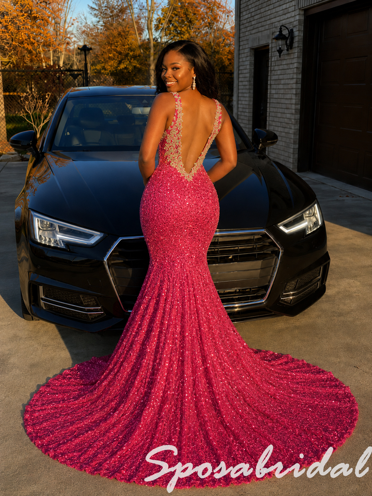 Hot Pink Sleeveless Deep V Low Back Beaded Mermaid Pageant Evening Dress, PD4265
