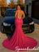 Hot Pink Sleeveless Deep V Low Back Beaded Mermaid Pageant Evening Dress, PD4265