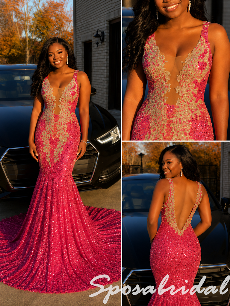 Hot Pink Sleeveless Deep V Low Back Beaded Mermaid Pageant Evening Dress, PD4265