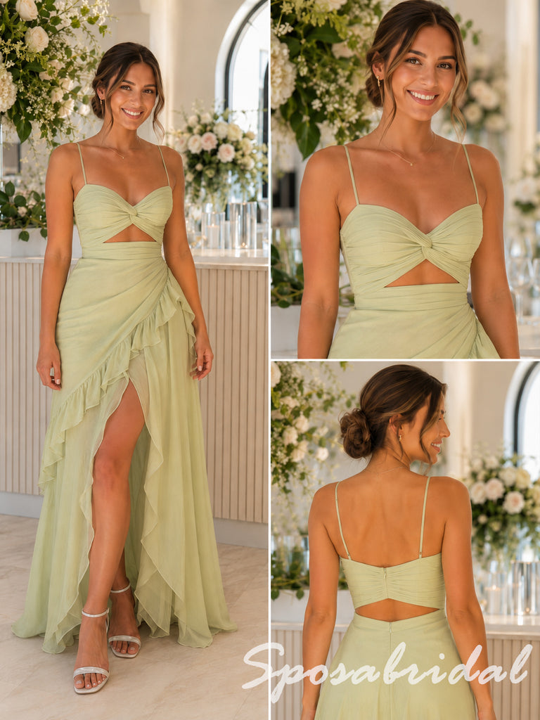 Pale Sage Chiffon Spaghetti Strap Cutout High Slit Ruffled Long Prom Dress, PD4268