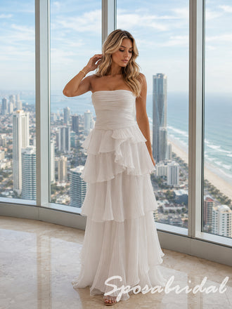 Ivory Pleated Crinkle Strapless Tiered Ruffle Flowy Maxi Wedding Guest Dress, PD4269