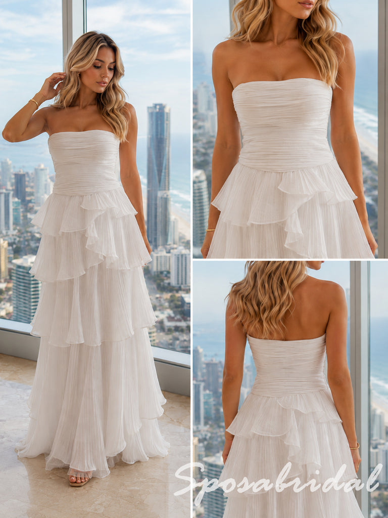 Ivory Pleated Crinkle Strapless Tiered Ruffle Flowy Maxi Wedding Guest Dress, PD4269