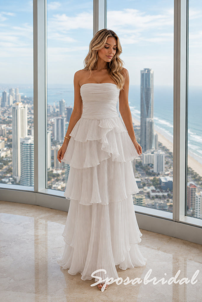 Ivory Pleated Crinkle Strapless Tiered Ruffle Flowy Maxi Wedding Guest – SposaBridal
