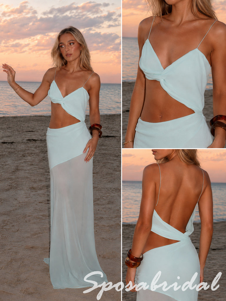 Sexy Pale Mint Chiffon Spaghetti Strap Cutout Maxi Dress Beach Formal Evening Gown, PD4270