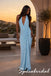 Sexy Sky Blue Jersey Halter Deep V Twist Ruched Open Back Maxi Evening Dress, PD4271