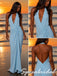 Sexy Sky Blue Jersey Halter Deep V Twist Ruched Open Back Maxi Evening Dress, PD4271