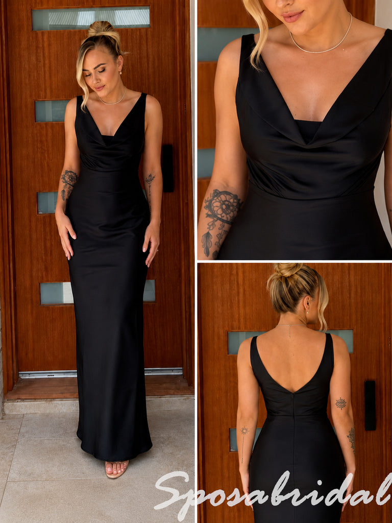 Elegant Black Satin Spaghetti Straps Cowl Mermaid Maxi Formal Evening Dress, PD4272