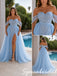 Light Blue Sparkly Tulle Off Shoulder Slit A Line Prom Gown With Overskirt, PD4274