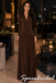 Elegant Rich Brown Gathered Bust Long Sleeve Pleated Skirt Floor Length Prom Dress, PD4275