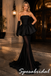 Elegant Black Satin Strapless Peplum Sheer Mermaid Formal Long Dress, PD4276