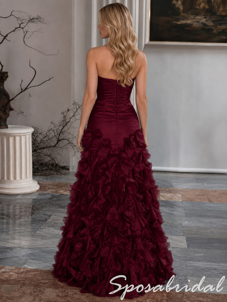 Luxe Burgundy Satin Strapless Sweetheart Formal Gown Tiered Ruffle Train, PD4277