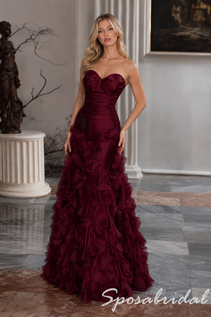Luxe Burgundy Satin Strapless Sweetheart Formal Gown Tiered Ruffle Tra – SposaBridal