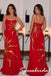 Sparkly Red Satin Spaghetti Straps Gown With Gold Sun Embroidery, PD4278