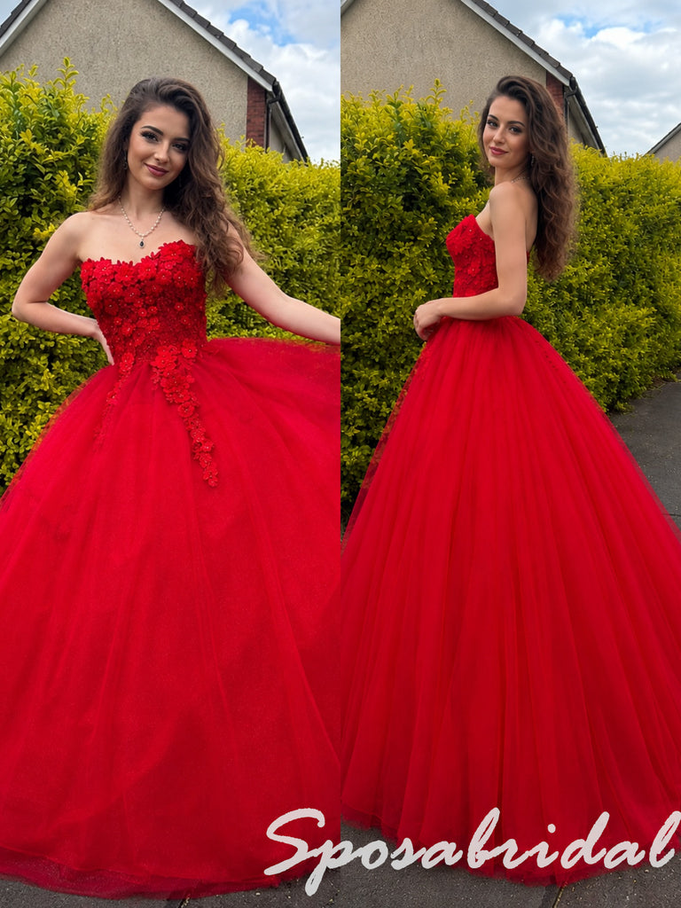 Elegant Red Strapless 3D Floral Tulle Ball Gown for Graduation, PD4280