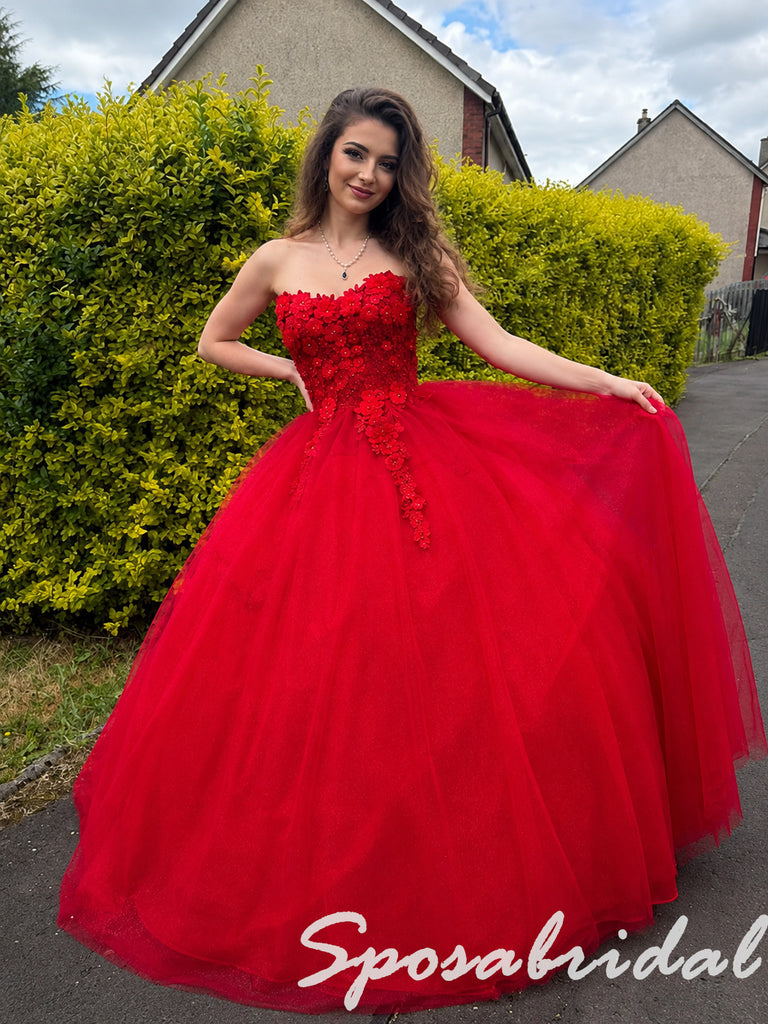 Elegant Red Strapless 3D Floral Tulle Ball Gown for Graduation, PD4280