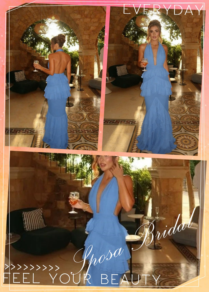 Sexy Chiffon Halter Ruffled Open Back Mermaid Floor Length Prom Dress, PD4090