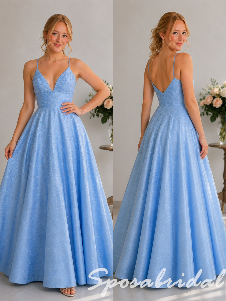 Shiny Light Blue Sparkle Spaghetti Straps V Neck A Line Prom Dress, PD4281