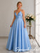 Shiny Light Blue Sparkle Spaghetti Straps V Neck A Line Prom Dress, PD4281