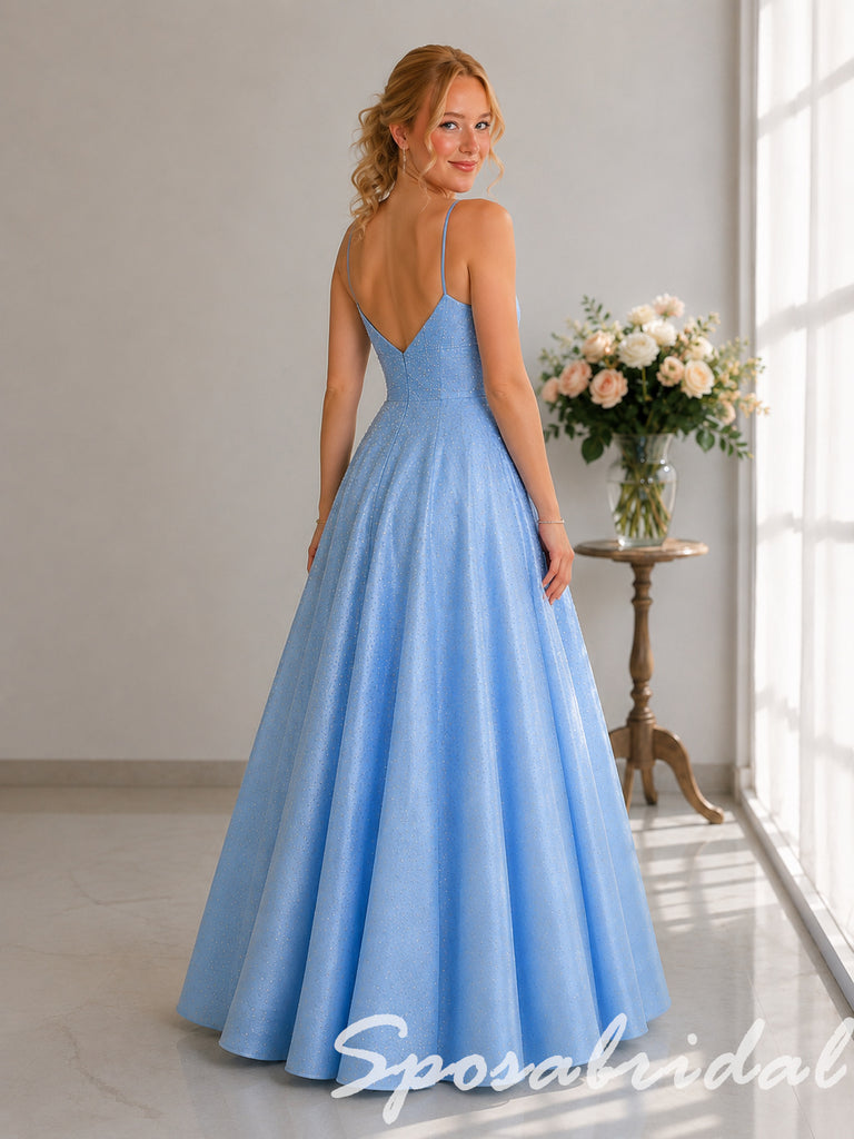 Shiny Light Blue Sparkle Spaghetti Straps V Neck A Line Prom Dress, PD4281