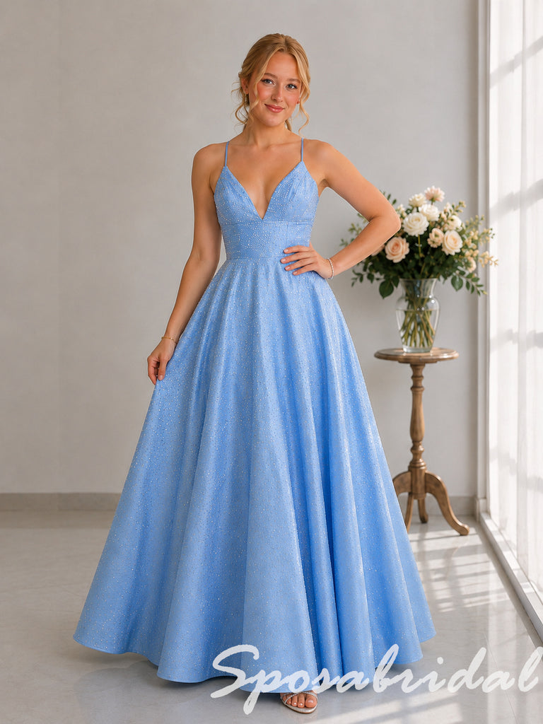 Shiny Light Blue Sparkle Spaghetti Straps V Neck A Line Prom Dress, PD4281