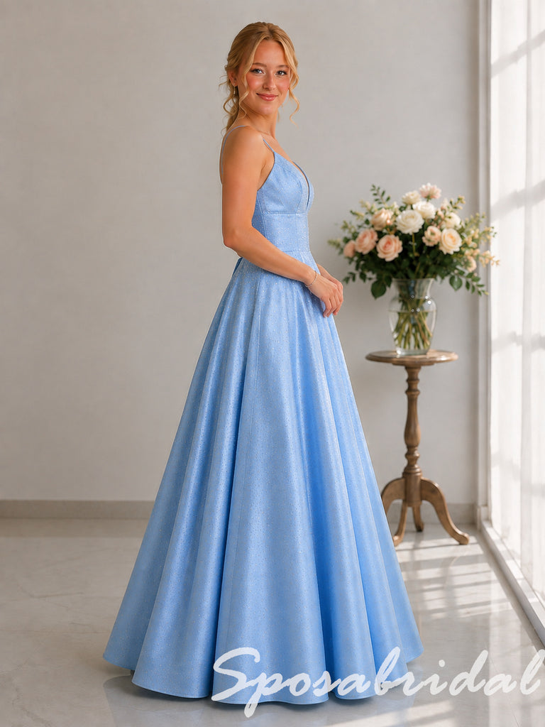 Shiny Light Blue Sparkle Spaghetti Straps V Neck A Line Prom Dress, PD4281