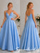 Shiny Light Blue Sparkle Spaghetti Straps V Neck A Line Prom Dress, PD4281