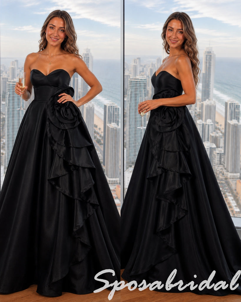 Elegant Black Satin Strapless Ball Gown With Large 3D Rose, PD4282