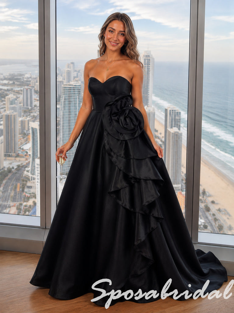 Elegant Black Satin Strapless Ball Gown With Large 3D Rose, PD4282