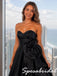 Elegant Black Satin Strapless Ball Gown With Large 3D Rose, PD4282