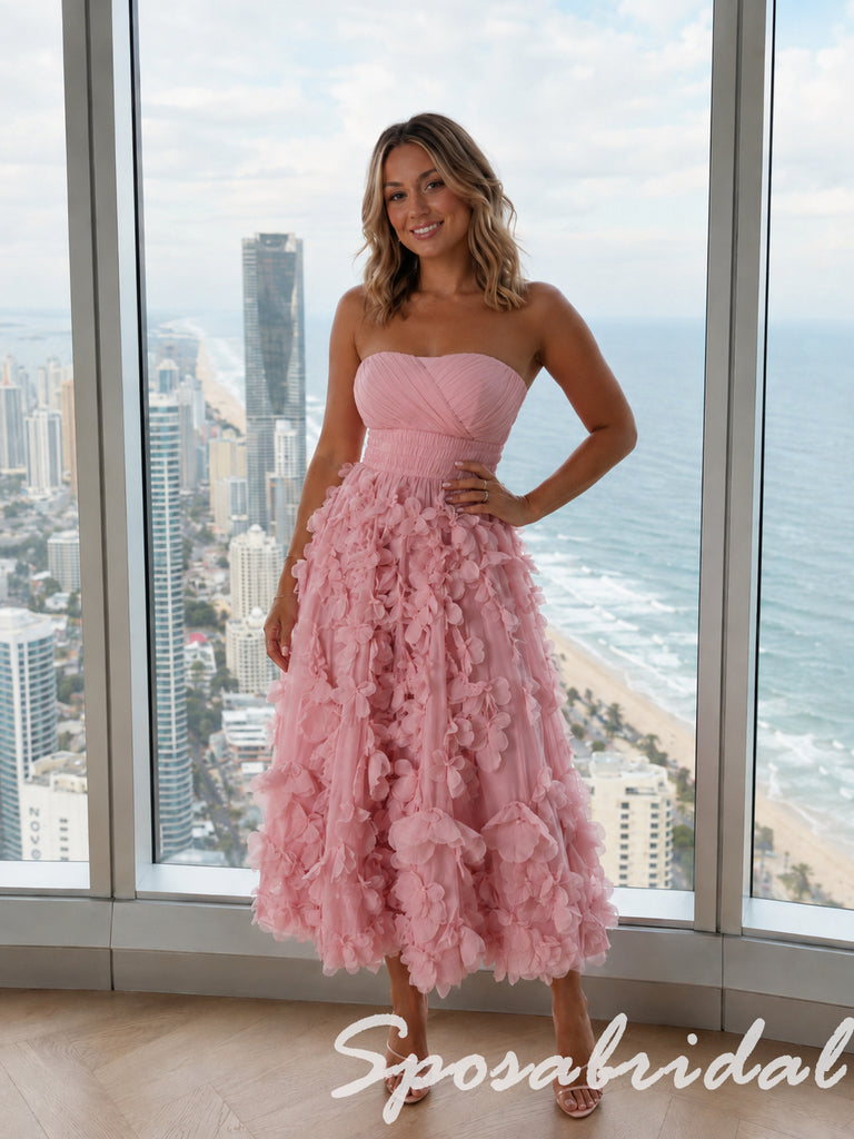 Cute Blush Pink Strapless 3D Floral Midi Tulle Dress, PD4283