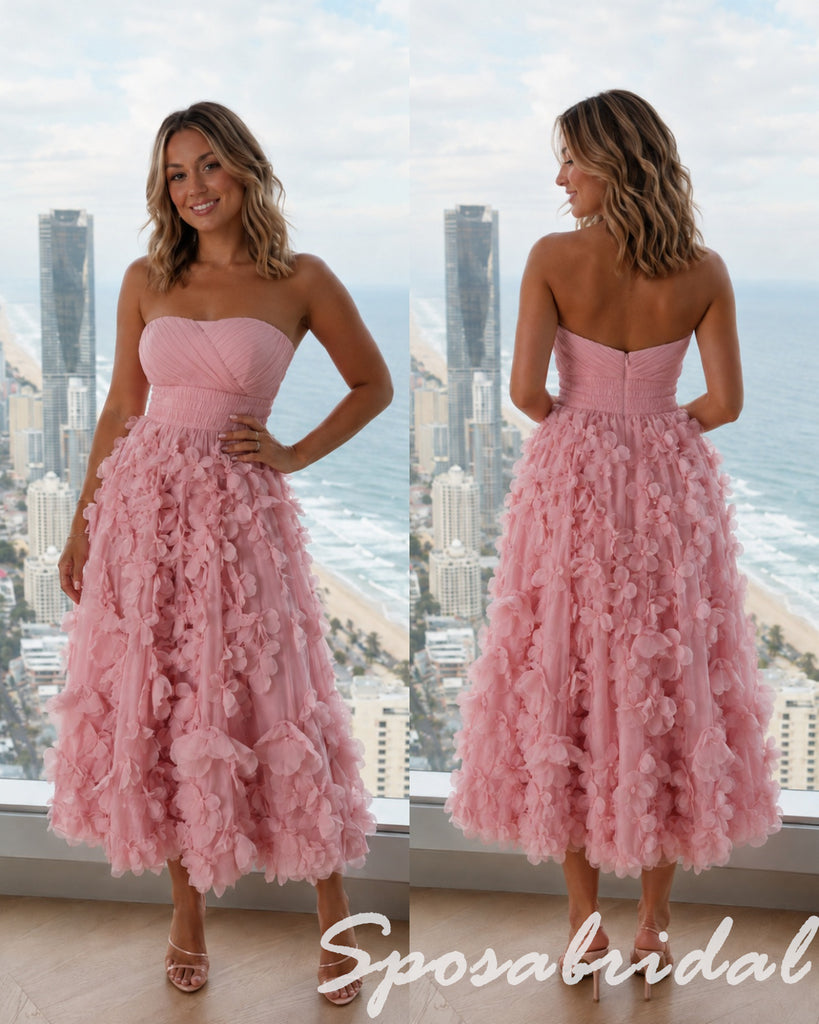 Cute Blush Pink Strapless 3D Floral Midi Tulle Dress, PD4283