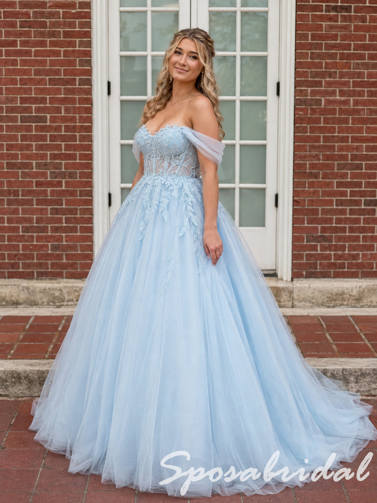 Romantic Light Blue Tulle Corset Prom Ball Gown with Lace Appliques, PD4284