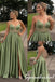Chic Spaghetti Strap Sage Green Satin Lace Corset Slit Prom Gown, PD4287
