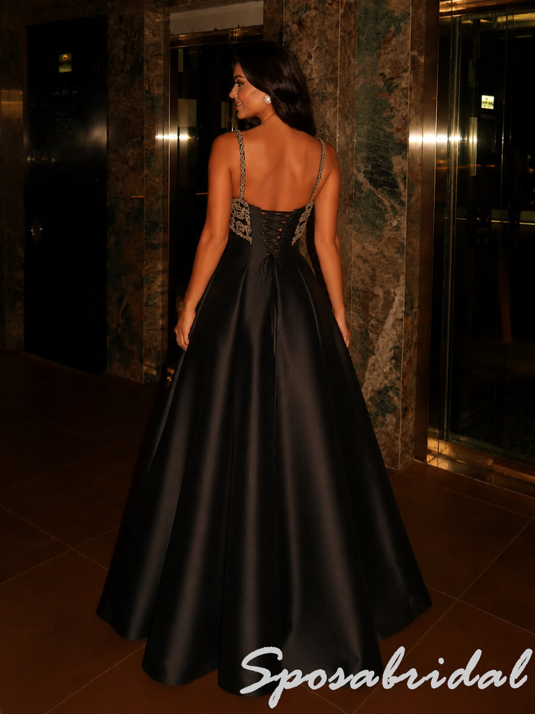 Glam Sweetheart Black Satin Beaded Corset A Line Prom Gown, PD4289