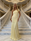 Sexy Light-Yellow Jersey One Shoulder Ruched Mermaid Floor Length Prom Dress, PD4111