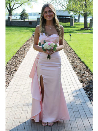 Blush Pink Satin Strapless Prom Dress with High Slit and Draped Detail, PD4122