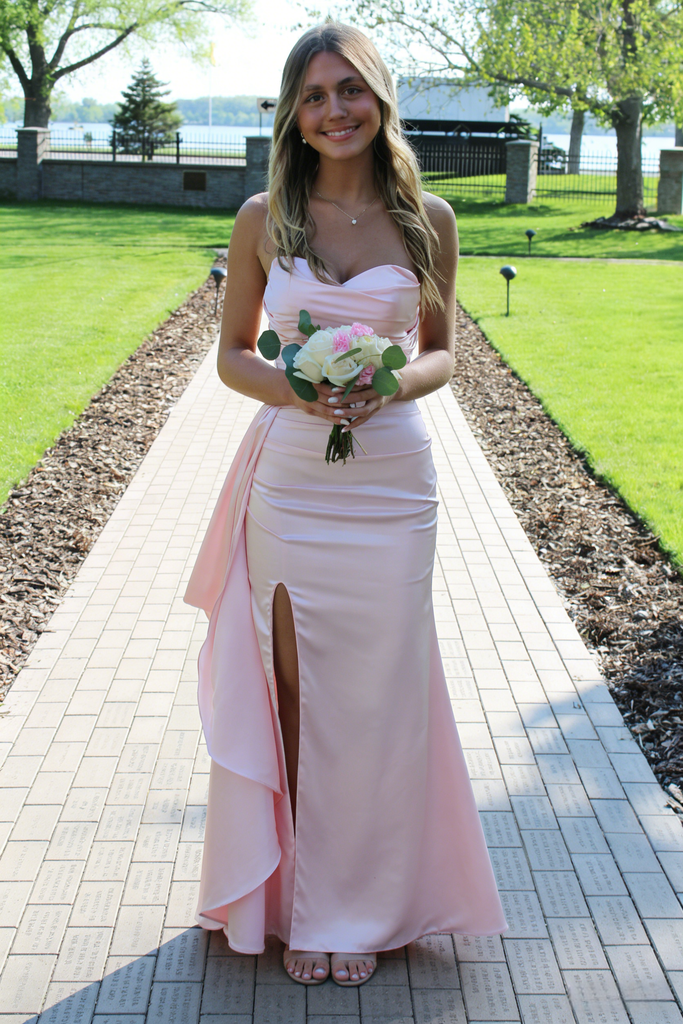 Blush Pink Satin Strapless Prom Dress with High Slit and Draped Detail, PD4122
