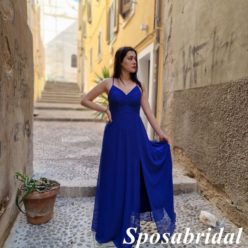 Sexy Royal-Blue Spaghetti Straps V-Neck Sleeveless Criss Cross Side Slit A-Line Long Prom Dresses, PD3742
