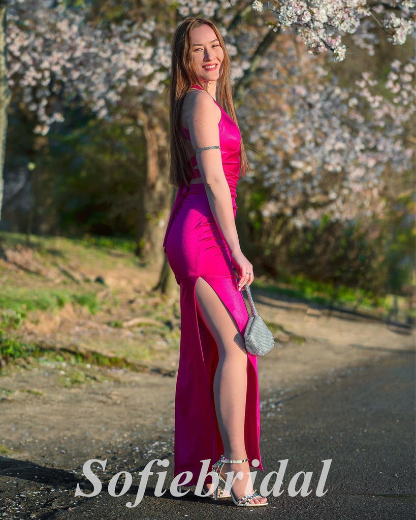Sexy Elastic Satin V-Neck Lace Up Back Side Slit Mermaid Long Prom Dresses,PD3705
