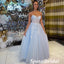 Elegant Tulle Spaghetti Straps V-Neck A-Line Long Prom Dresses With Appliques, PD3734