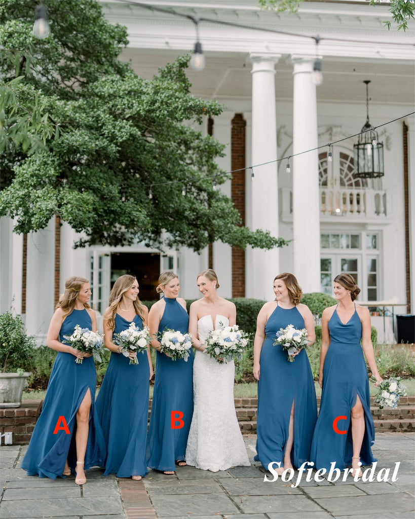 Elegant Mismatched Chiffon Side Slit A-Line Floor Length Bridesmaid Dresses, BD3325