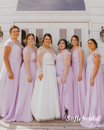 Elegant Pink Chiffon Short Sleeves A-Line Floor Length Bridesmaid Dresses With Lace, BD3326