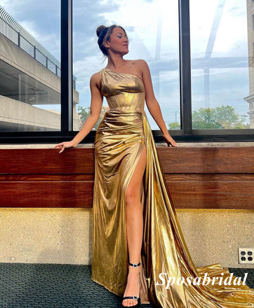 Sexy Elastic Satin One Shoulder Side Slit Mermaid Long Prom Dresses, PD3768