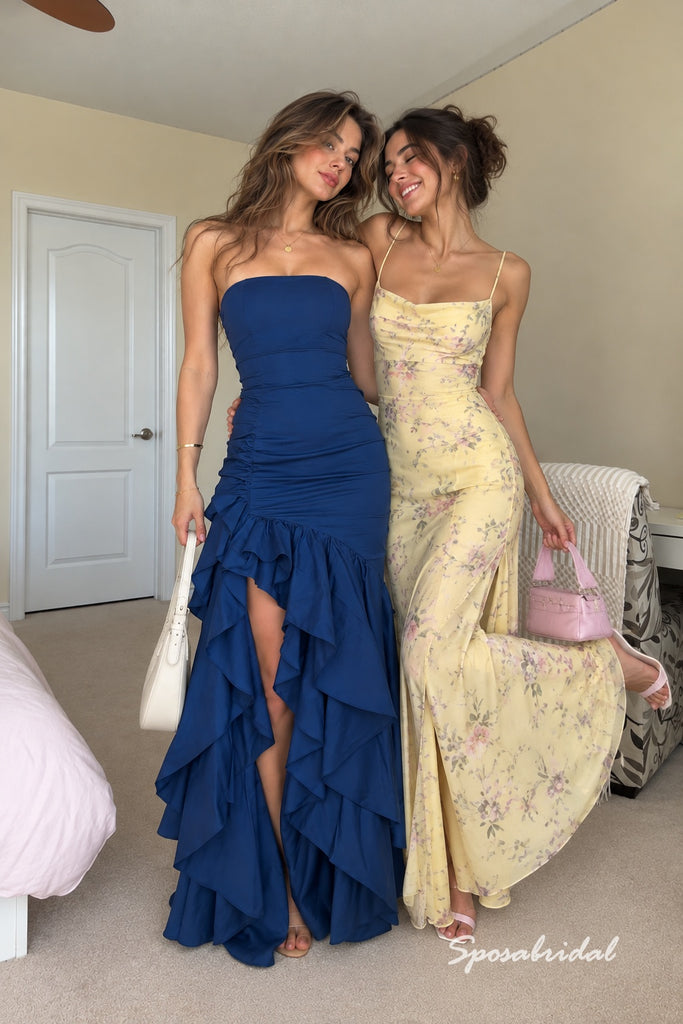 Navy Blue Strapless Ruched Back Asymmetrical Ruffle High Slit Mermaid Floor Length Evening Dress,PD4341